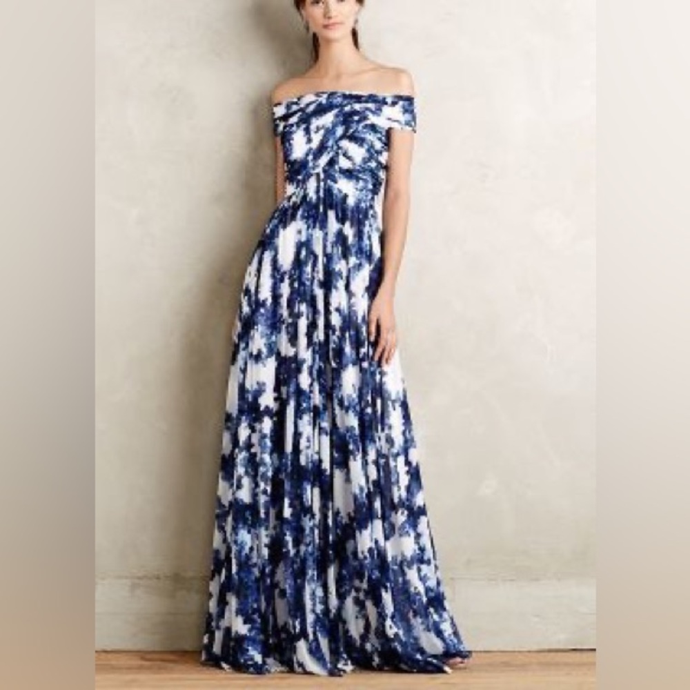 Shoshanna Blue and White Off-Shoulder Maxi Dress